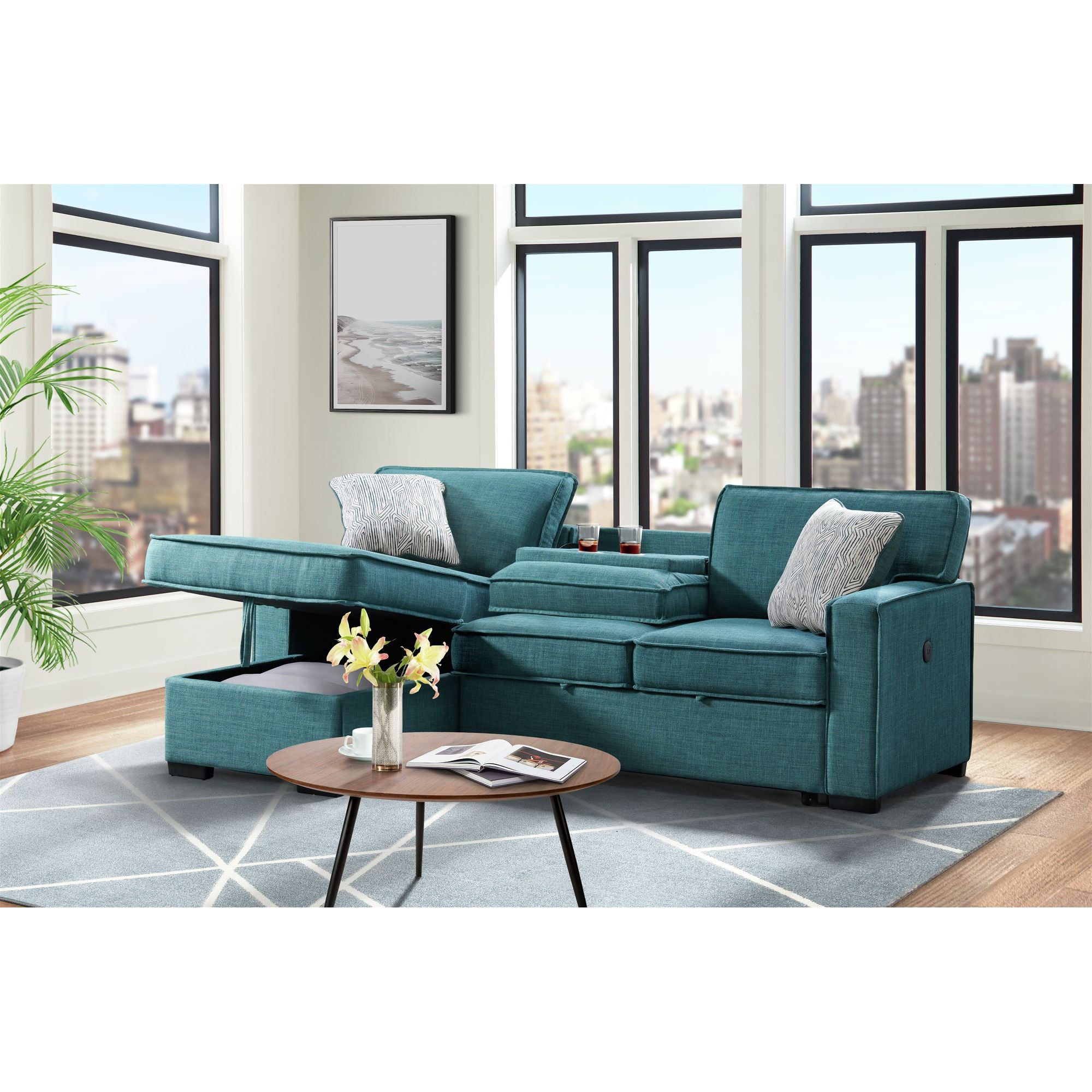 Caracas-Sectional-Sleeper-Chofa-with-Pull-Bed,-Drop-Table-&-USB-in-Palmer-Teal