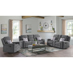 Connery-Motion-Sofa-With-Dropdown-table-and-2-pillows-in-Pewter