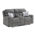 Connery-Motion-Loveseat-with-Console,-power-strip-and-2-pillows-in-Pewter
