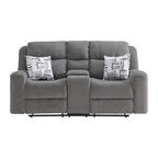 Connery-Motion-Loveseat-with-Console,-power-strip-and-2-pillows-in-Pewter