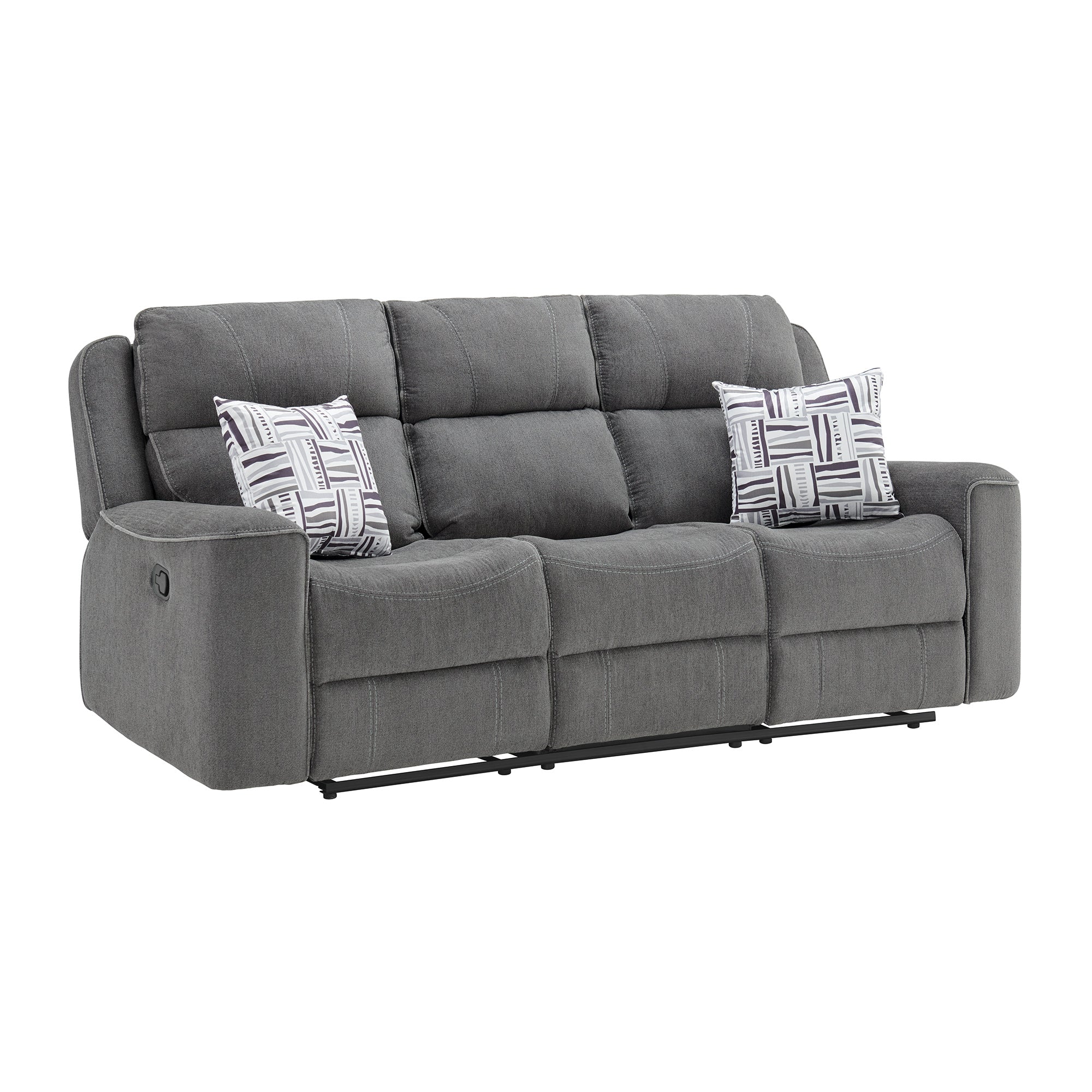 Connery-Motion-Sofa-With-Dropdown-table-and-2-pillows-in-Pewter