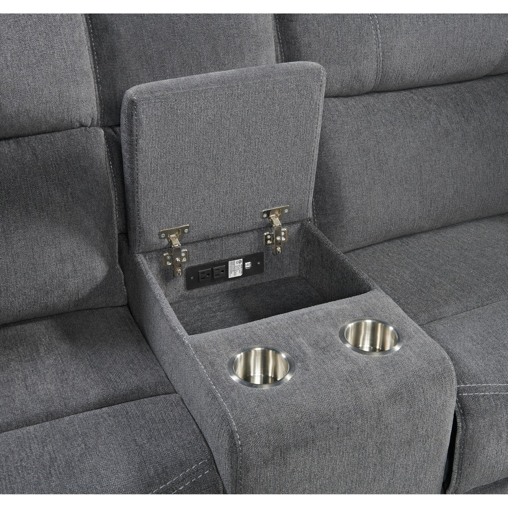 Connery-Motion-Loveseat-with-Console,-power-strip-and-2-pillows-in-Pewter