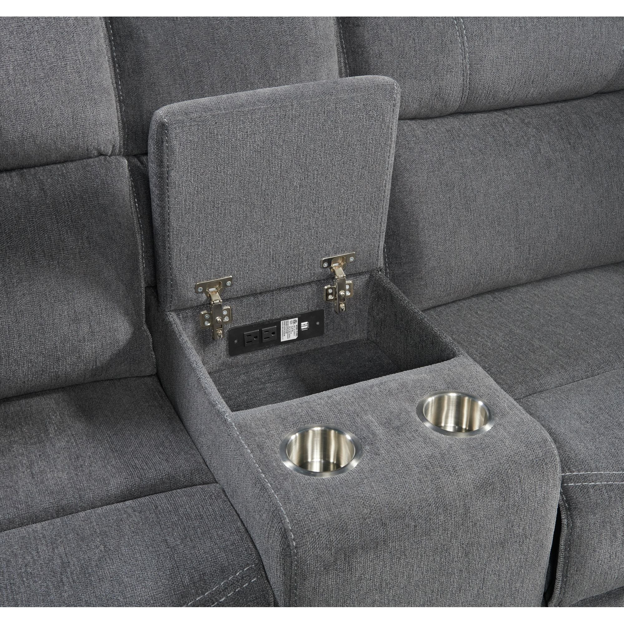 Connery-Motion-Loveseat-with-Console,-power-strip-and-2-pillows-in-Pewter