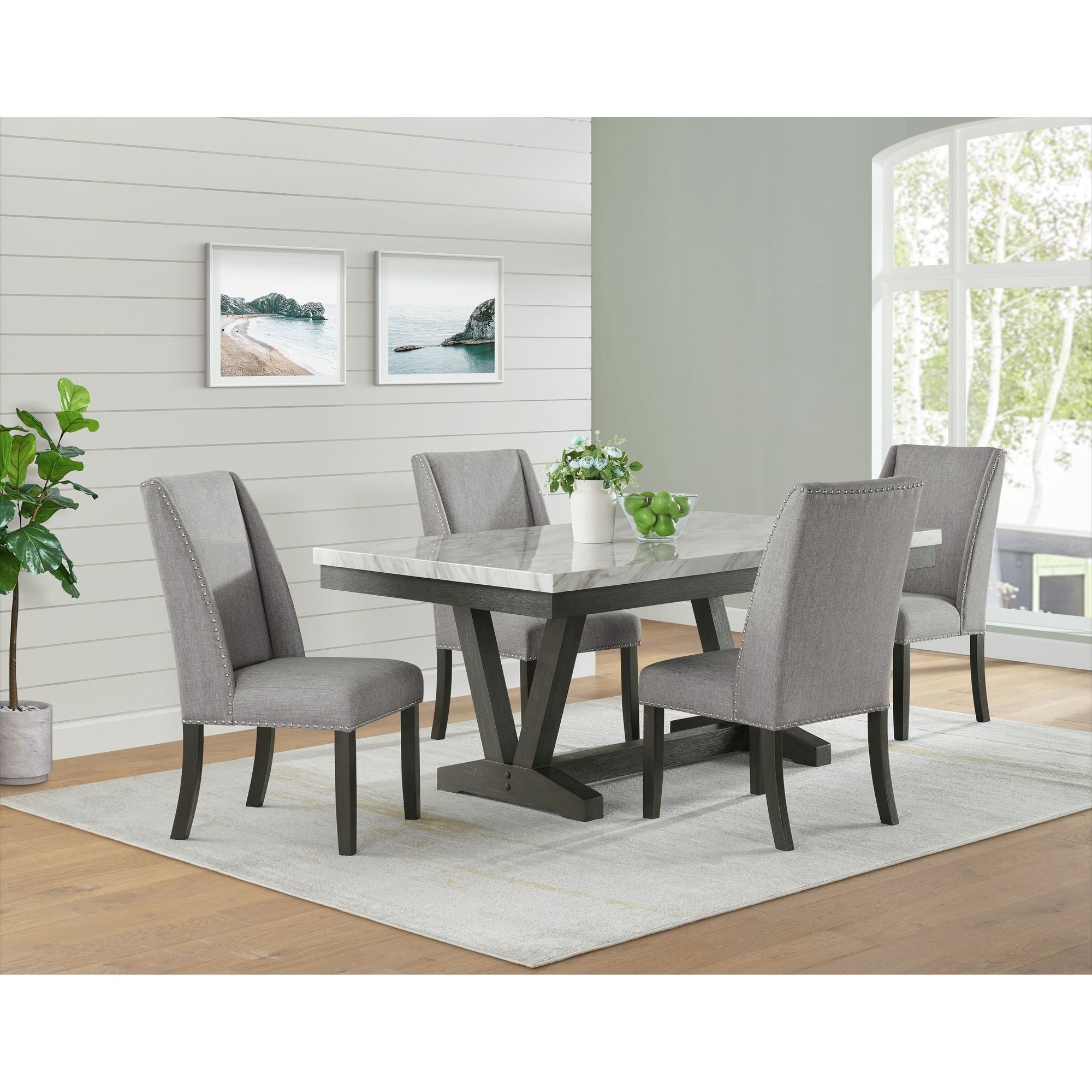 Everdeen Side Chair with Grey Fabric and Nail Heads in Charcoal (set of 2)
