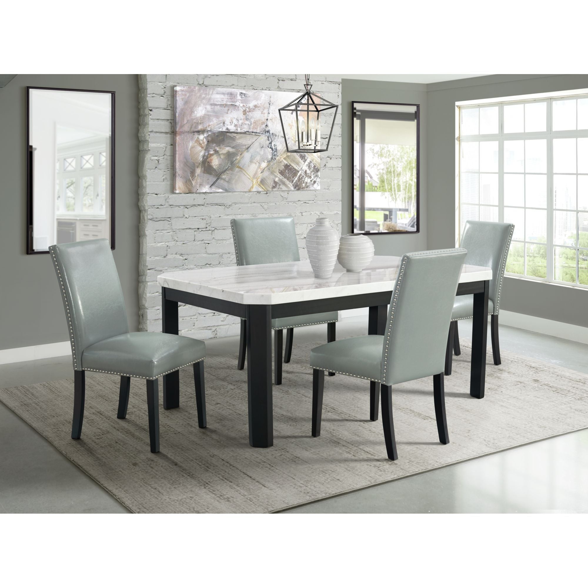 Francesca-White-Marble-Rectangular-5PC-Dining-Set-Table-&-Four-Grey-PU-Chairs