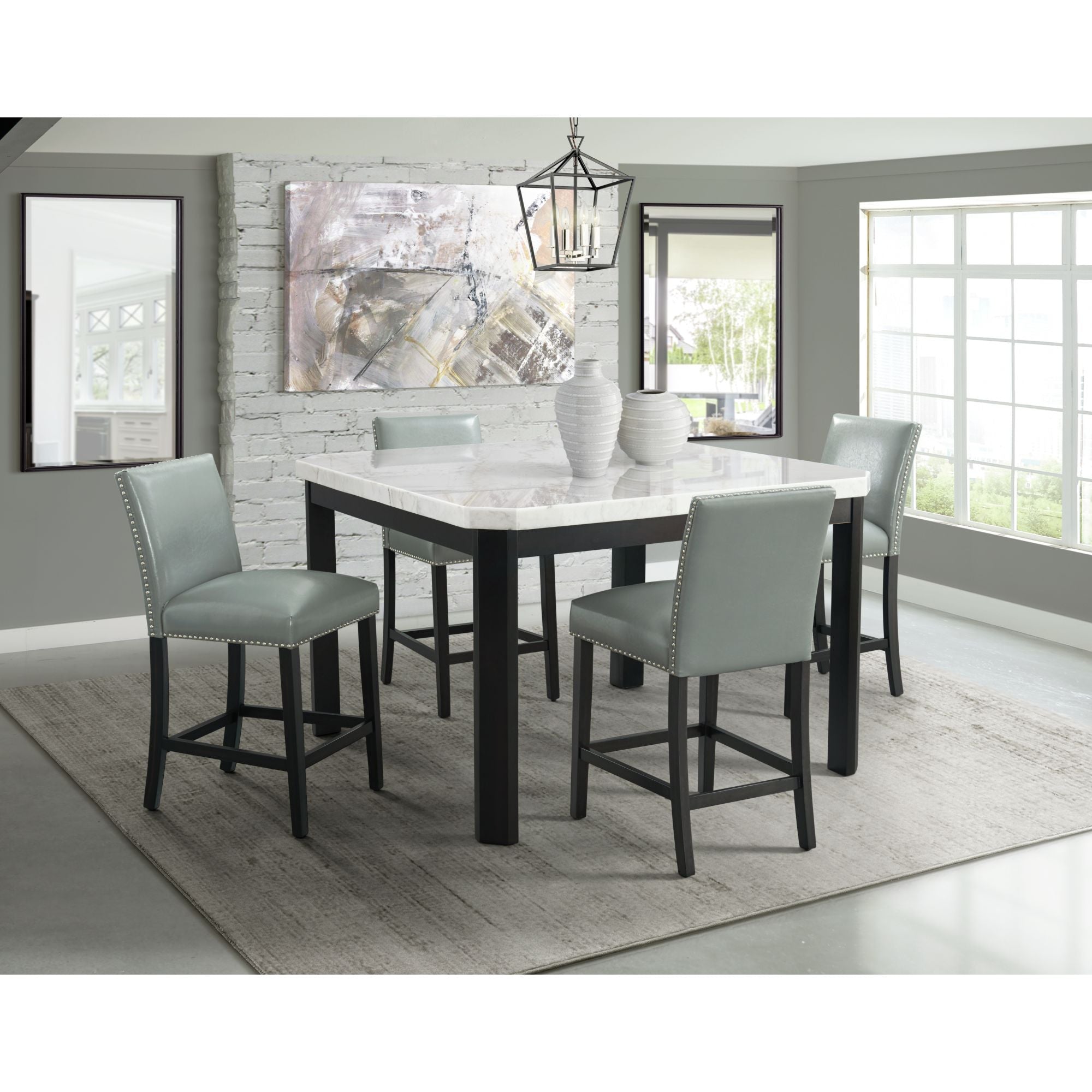 Francesca-White-Marble-Square-5PC-Counter-Height-Dining-Set-Table-&-Four-Grey-PU-Chairs