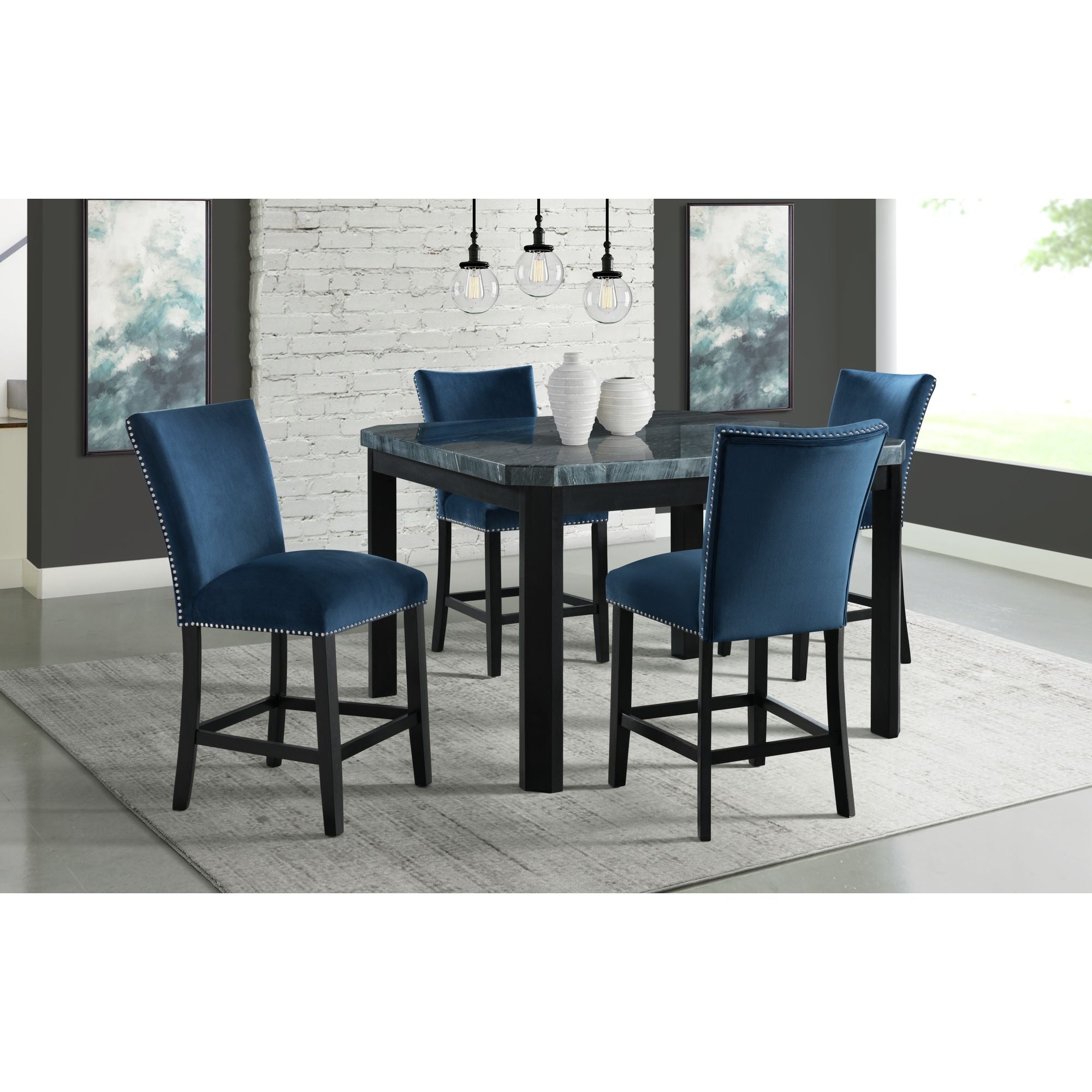 Francesca-Grey-Marble-Square-5PC-Counter-Height-Dining-Set-Table-&-Four-Blue-Velvet-Chairs
