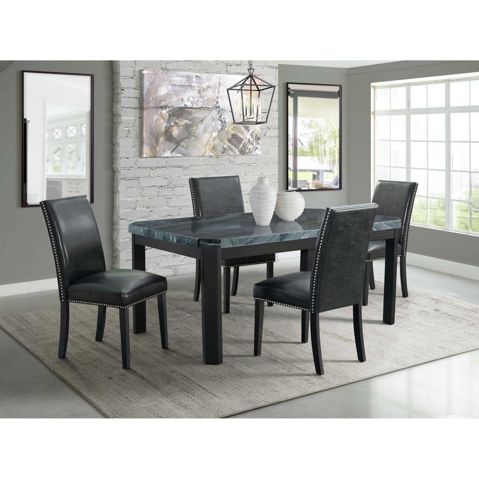Francesca-Grey-Marble-Rectangular-5PC-Dining-Set-Table-&-Four-Black-PU-Chairs