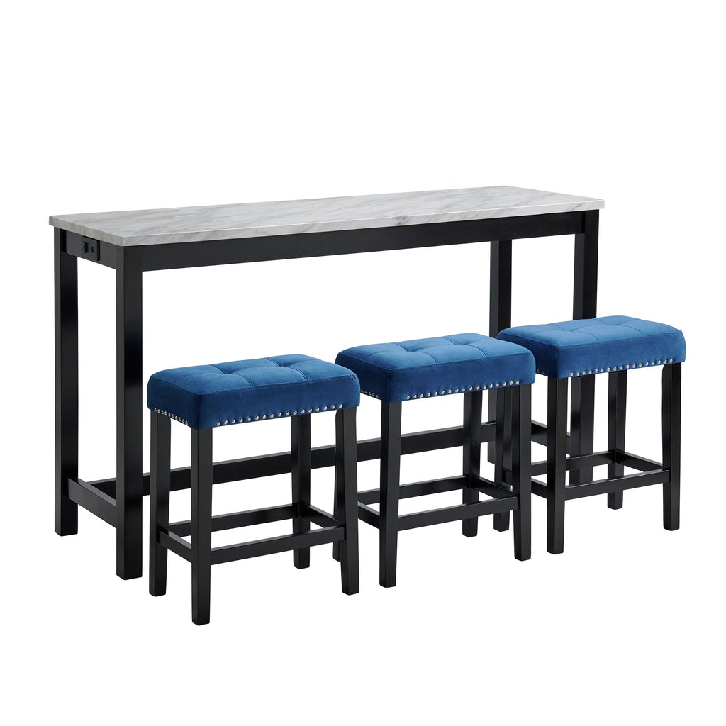 Marco-Bar-Table-Set-Single-Pack-in-White-Top-(Table-+-3-Stool-in-Blue-Velvet)