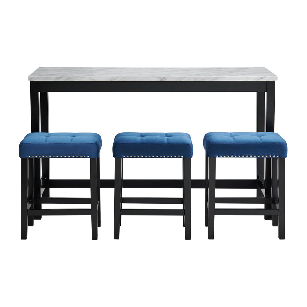 Marco-Bar-Table-Set-Single-Pack-in-White-Top-(Table-+-3-Stool-in-Blue-Velvet)