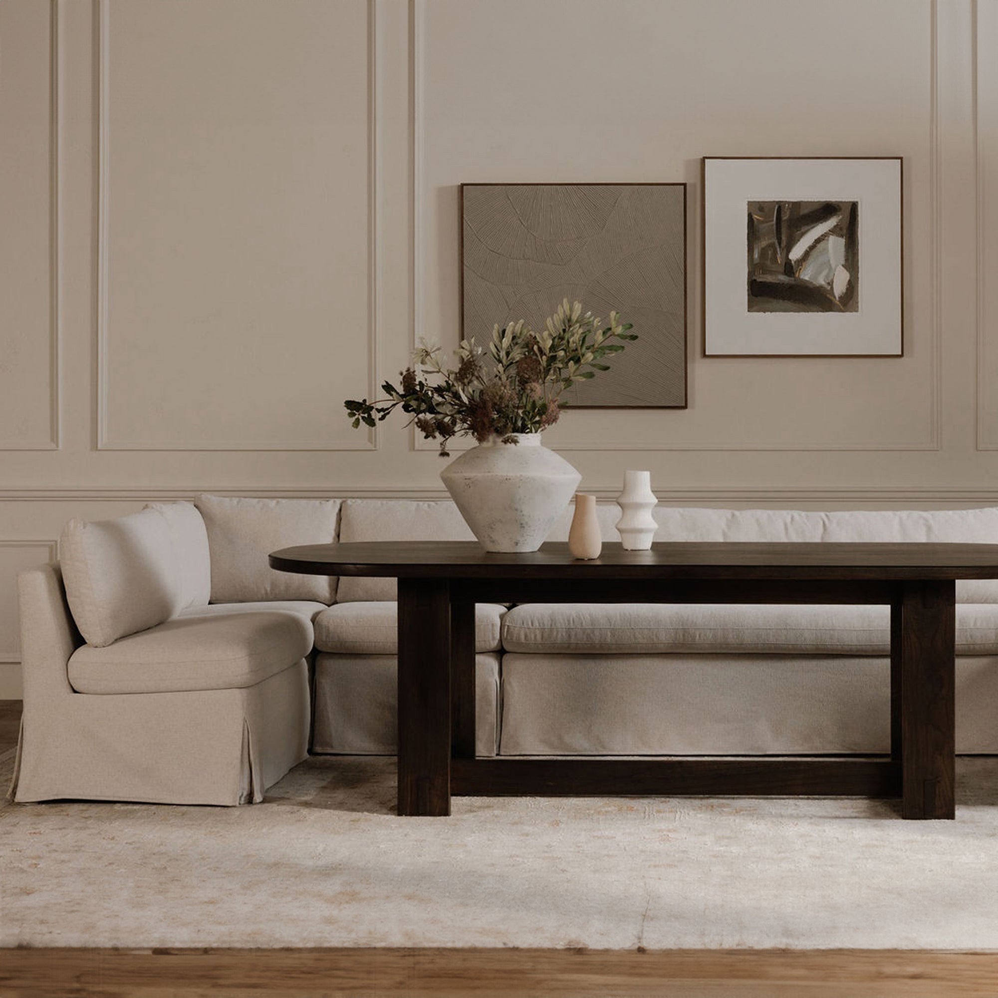 Fable Slipcover Dining Banquette L-Shape Beige 139.5 in.