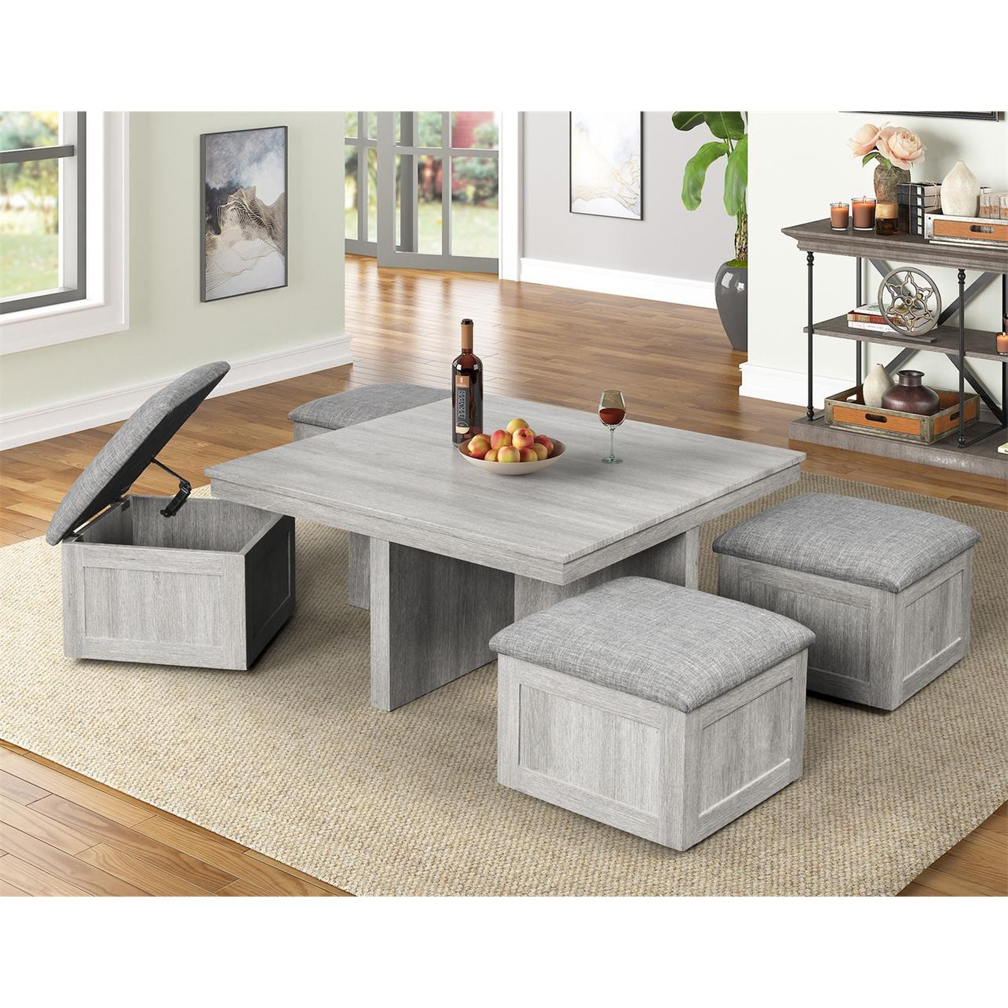 Uster-Coffee-Table-W/Four-storage-Stools-Grey