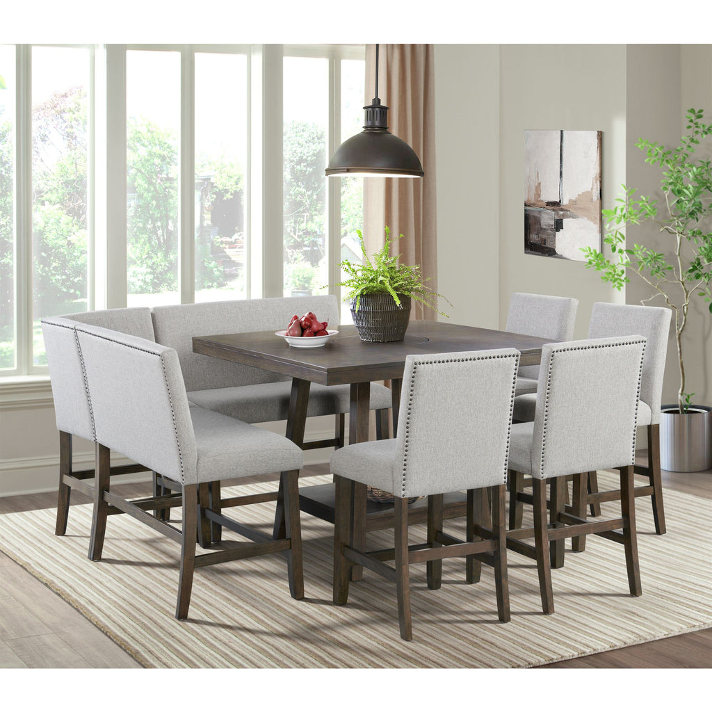 Seneca-Counter-Corner-Bench-with-Upholstered-Back-and-Grey-Fabric-in-Brown