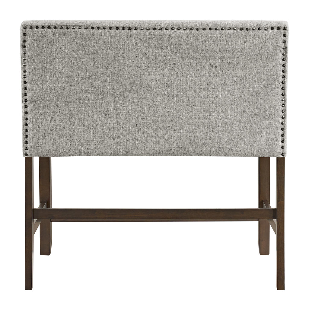 Seneca-Counter-Bench-with-Upholstered-Back-and-Grey-Fabric-in-Brown