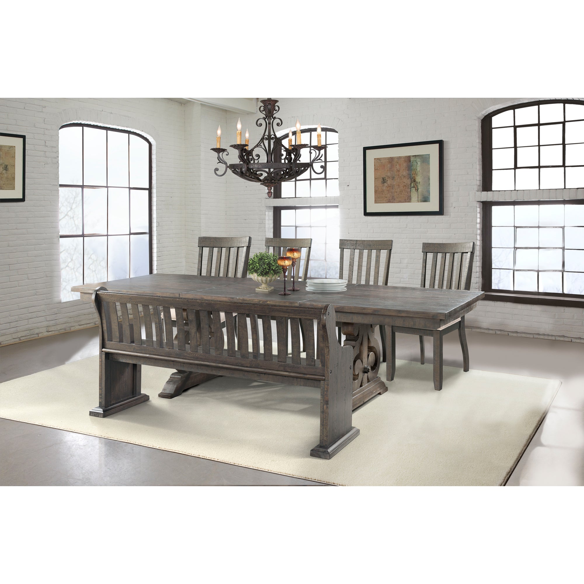 Stone-Dining-6PC-Set--Table,-4-Side-Chairs,-&-Pew-Bench