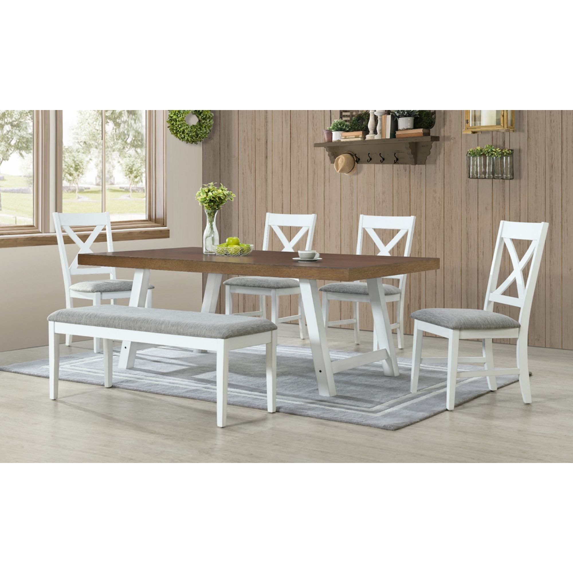 Summerville-6PC-Dining-Set-with-Table,-4-Chairs,-and-Bench-in-Oak-and-Antique-White