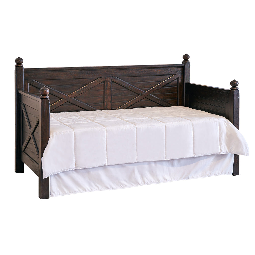 Sutherland Twin Wood Daybed in Walnut with X-design panels, natural wood grain, rustic straight-leg frame.