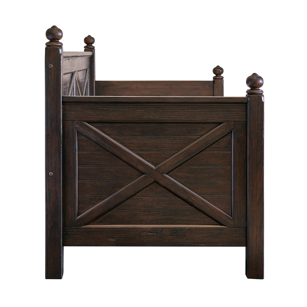 Sutherland Twin Wood Daybed in Walnut with X-design sides and back, rustic dark finish and straight legs.