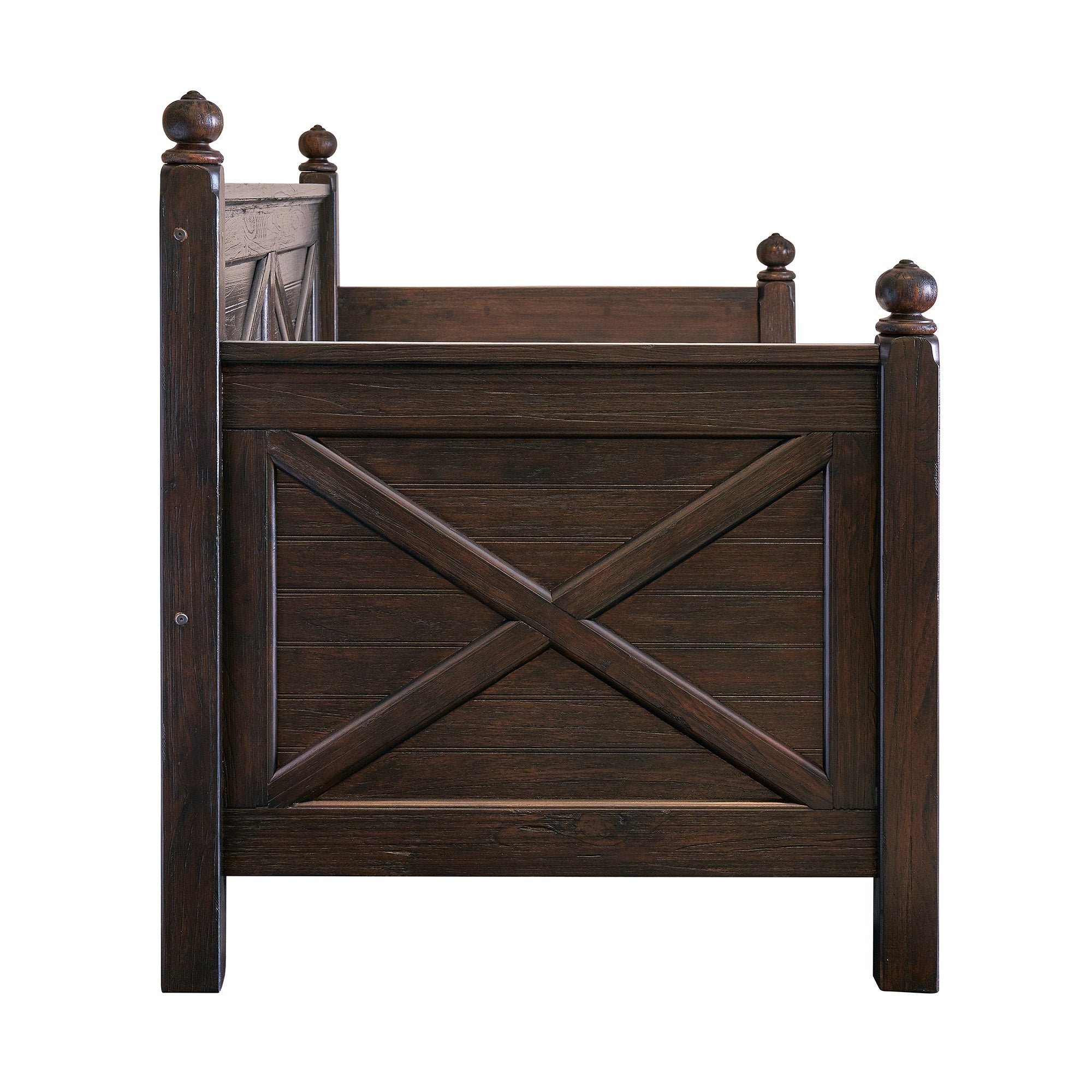 Sutherland Twin Wood Daybed in Walnut with X-design sides and back, rustic dark finish and straight legs.