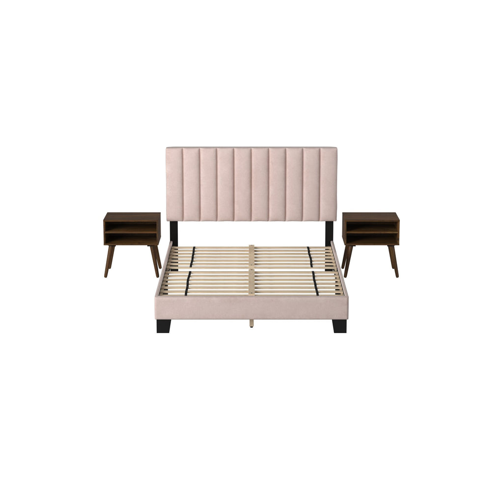 Coyote-Queen-Bed-W/Carroll-Pink-Velvet-w/Two-End-Table-(ISTA-3)