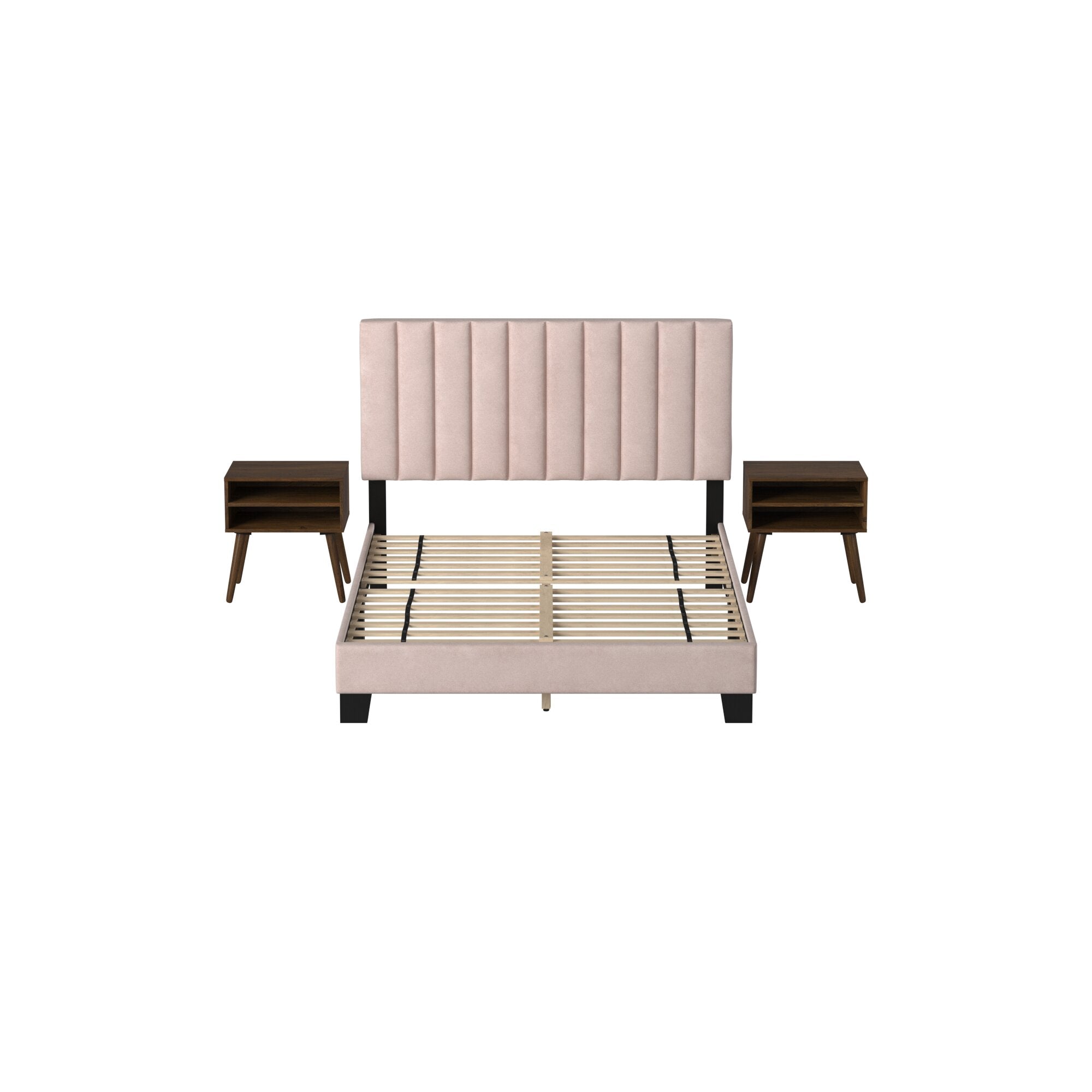 Coyote-Queen-Bed-W/Carroll-Pink-Velvet-w/Two-End-Table-(ISTA-3)