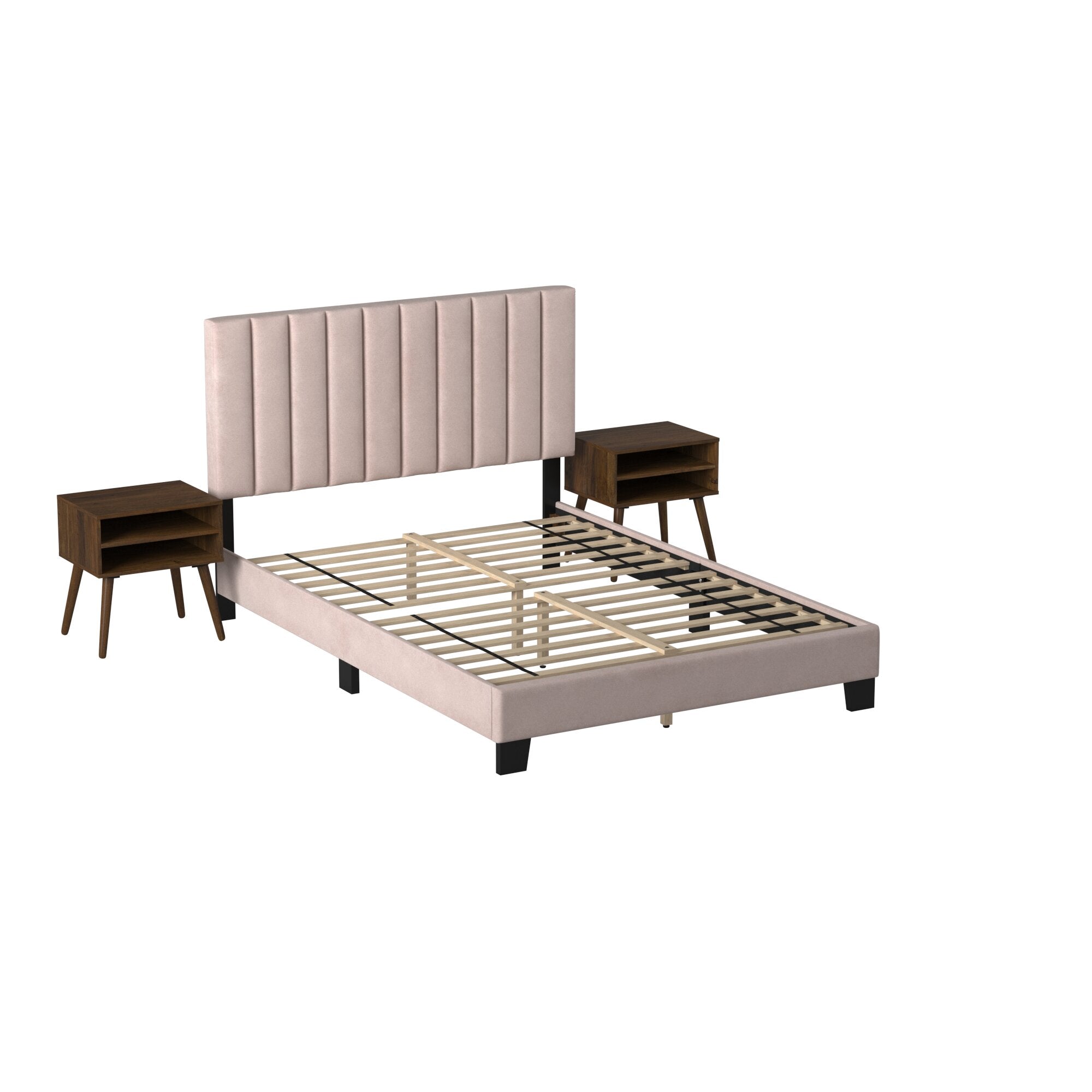Coyote-Queen-Bed-W/Carroll-Pink-Velvet-w/Two-End-Table-(ISTA-3)