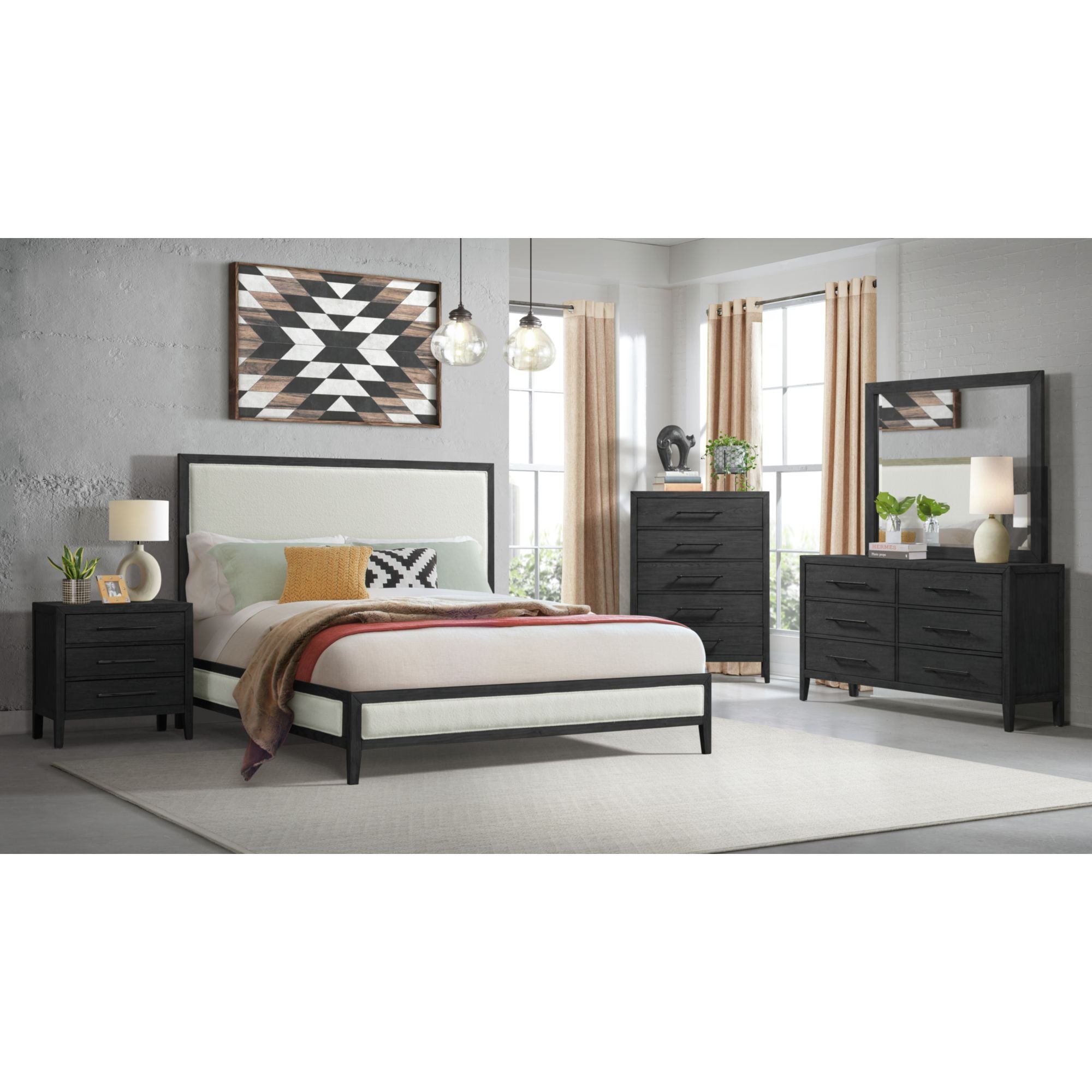 Versailles-Contemporary-King-White-Fabric-Panel-Bed-with-Low-Footboard-in-Black