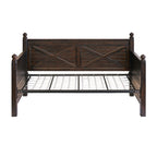 Twin wood daybed in walnut with X-Design on sides and back, rustic finish, straight legs.