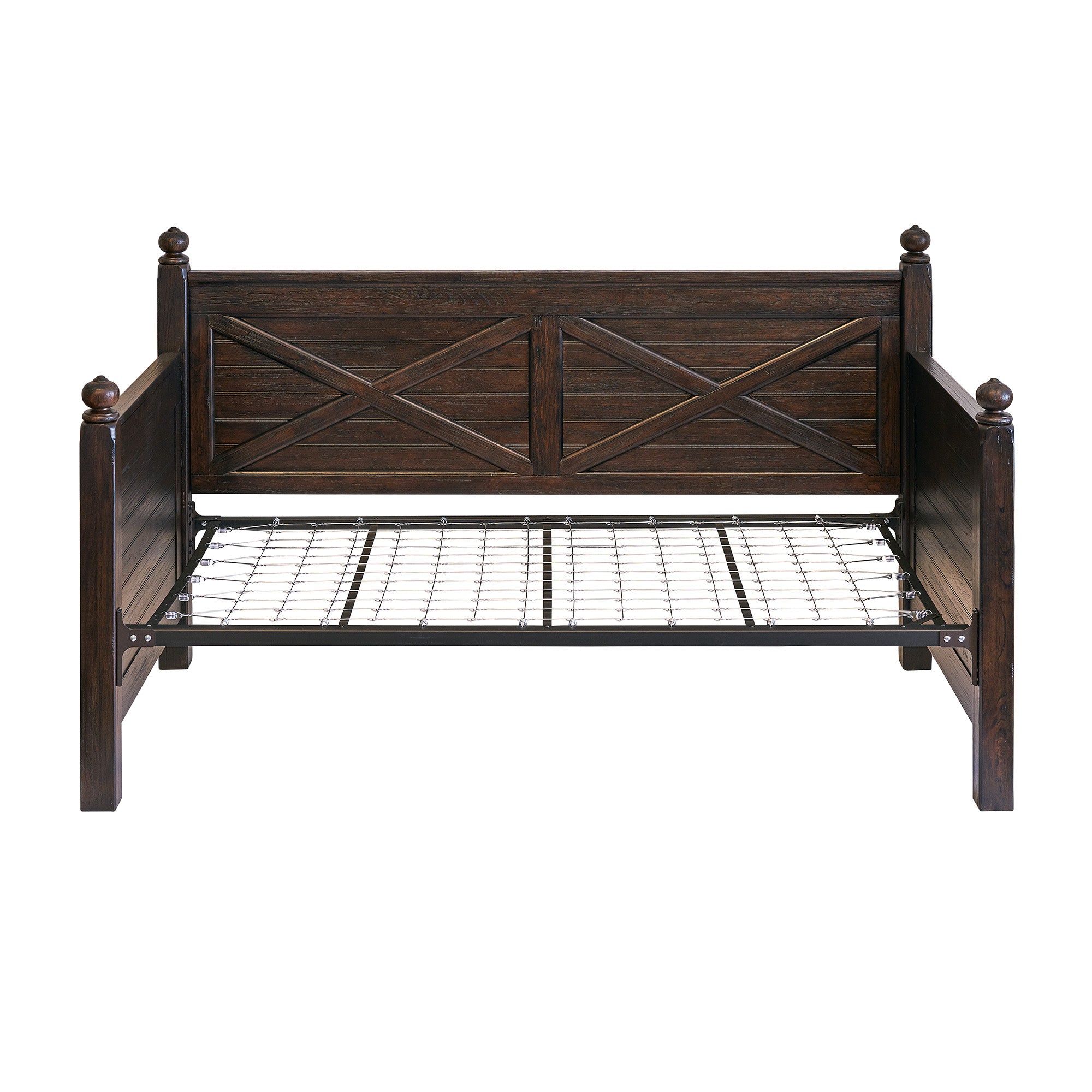 Twin wood daybed in walnut with X-Design on sides and back, rustic finish, straight legs.