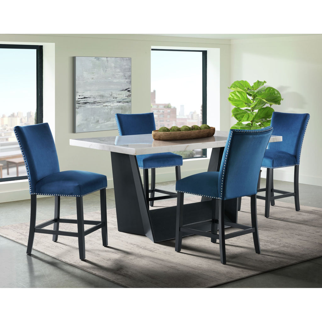 Beckley-5PC-Counter-Height-Dining-Set-in-White---Table-&-Four-Blue-Counter-Velvet-Chairs