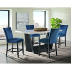 Beckley-5PC-Counter-Height-Dining-Set-in-White---Table-&-Four-Blue-Counter-Velvet-Chairs