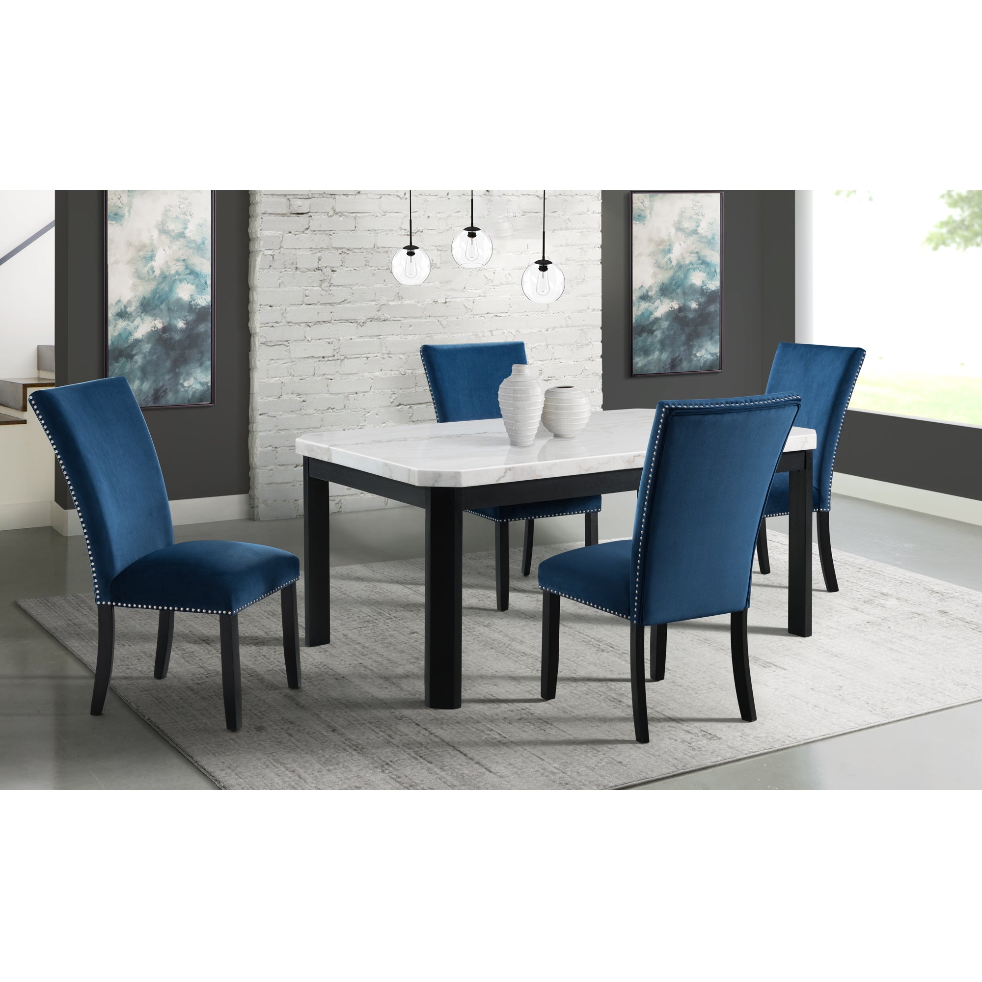 Francesca-White-Marble-Rectangular-5PC-Dining-Set-Table-&-Four-Blue-Velvet-Chairs