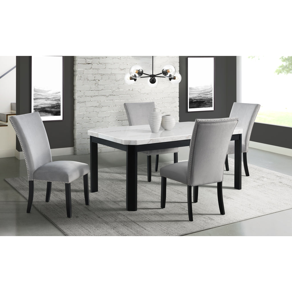 Francesca-White-Marble-Rectangular-5PC-Dining-Set-Table-&-Four-Grey-Velvet-Chairs