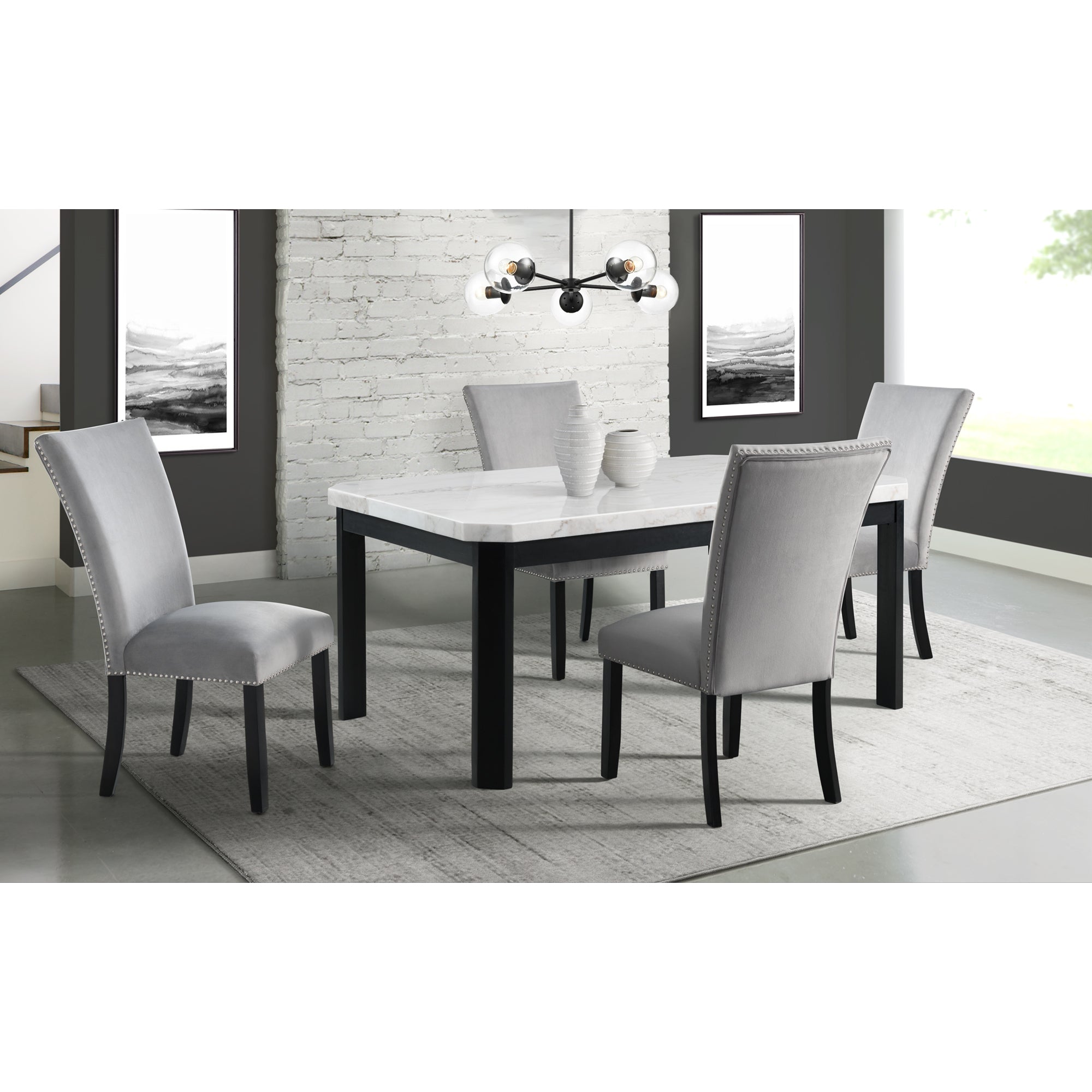 Francesca-White-Marble-Rectangular-5PC-Dining-Set-Table-&-Four-Grey-Velvet-Chairs