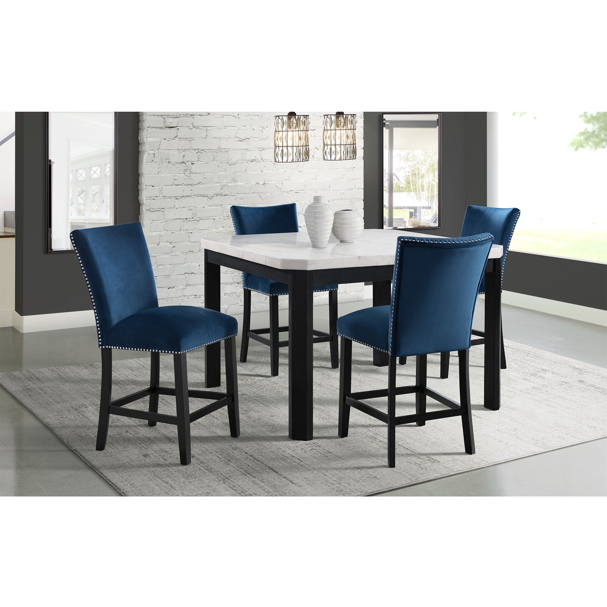 Francesca-White-Marble-Square-5PC-Counter-Height-Dining-Set-Table-&-Four-Blue-Velvet-Chairs