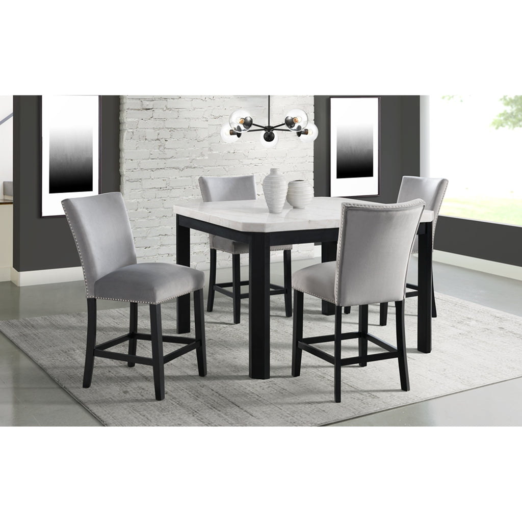 Francesca-White-Marble-Square-5PC-Counter-Height-Dining-Set-Table-&-Four-Grey-Velvet-Chairs