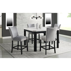 Francesca-White-Marble-Square-5PC-Counter-Height-Dining-Set-Table-&-Four-Grey-Velvet-Chairs