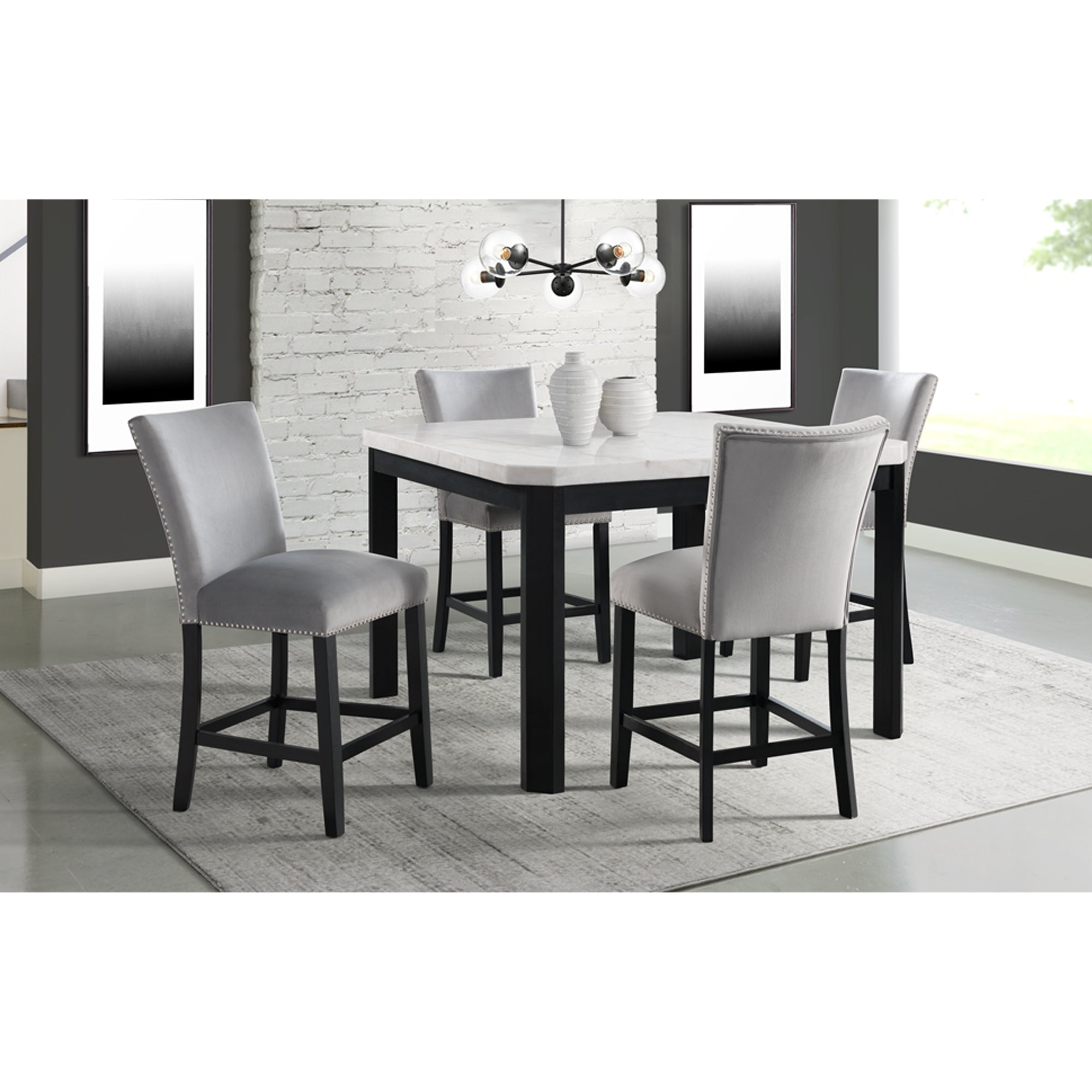 Francesca-White-Marble-Square-5PC-Counter-Height-Dining-Set-Table-&-Four-Grey-Velvet-Chairs