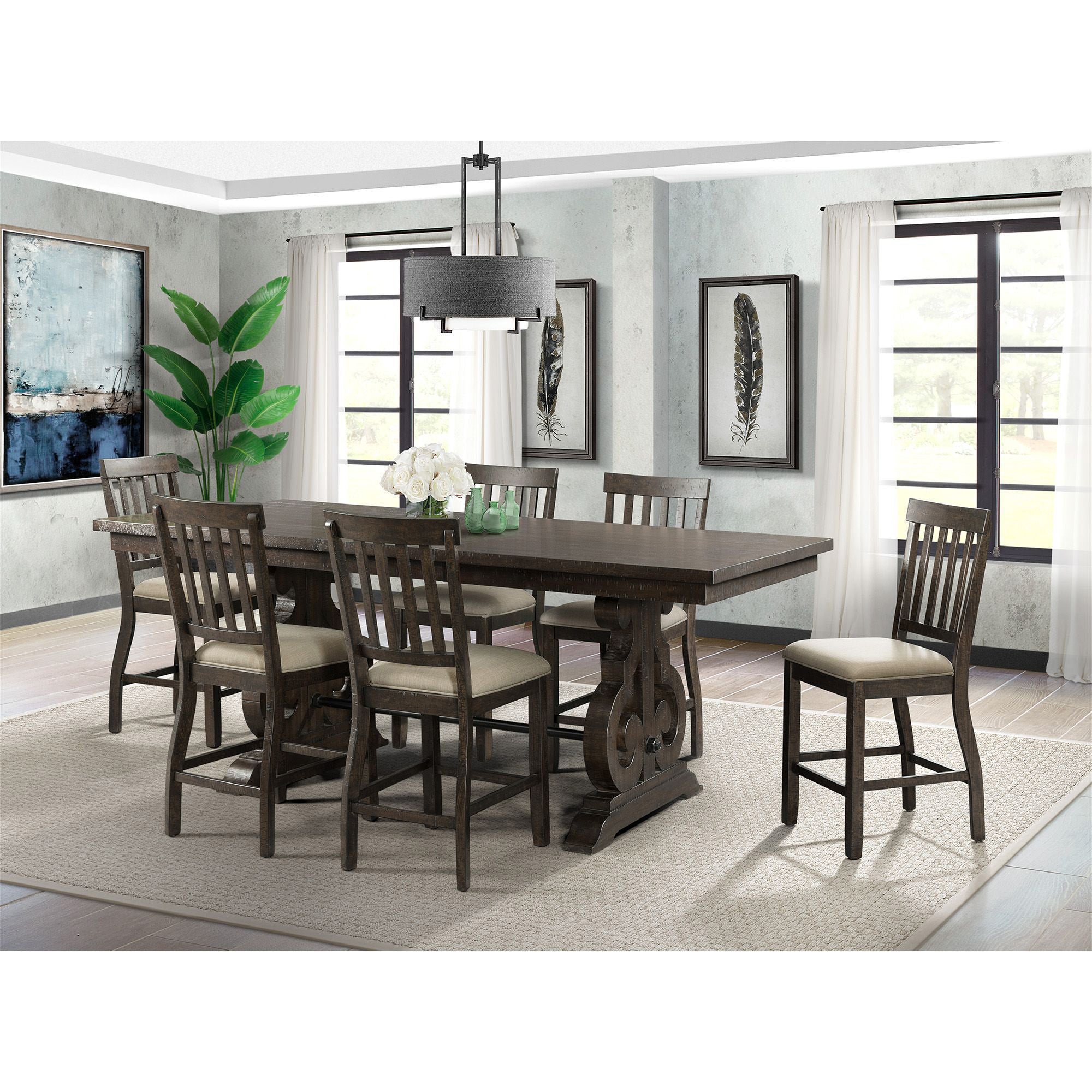 Stone-Counter-Height-7PC-Dining-Set-Table-&-Six-Slat-Back-Chairs