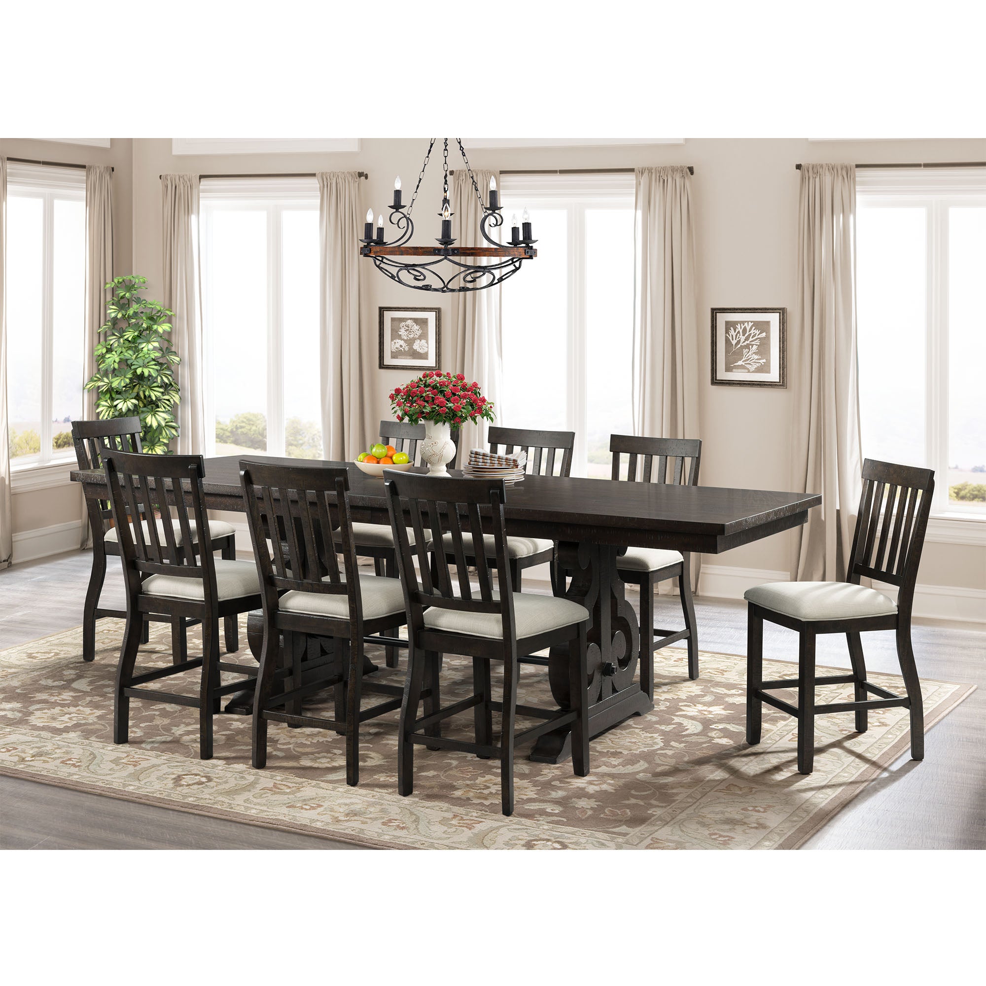 Stone-Counter-Height-9PC-Dining-Set-Table-&-Eight-Slat-Back-Chairs