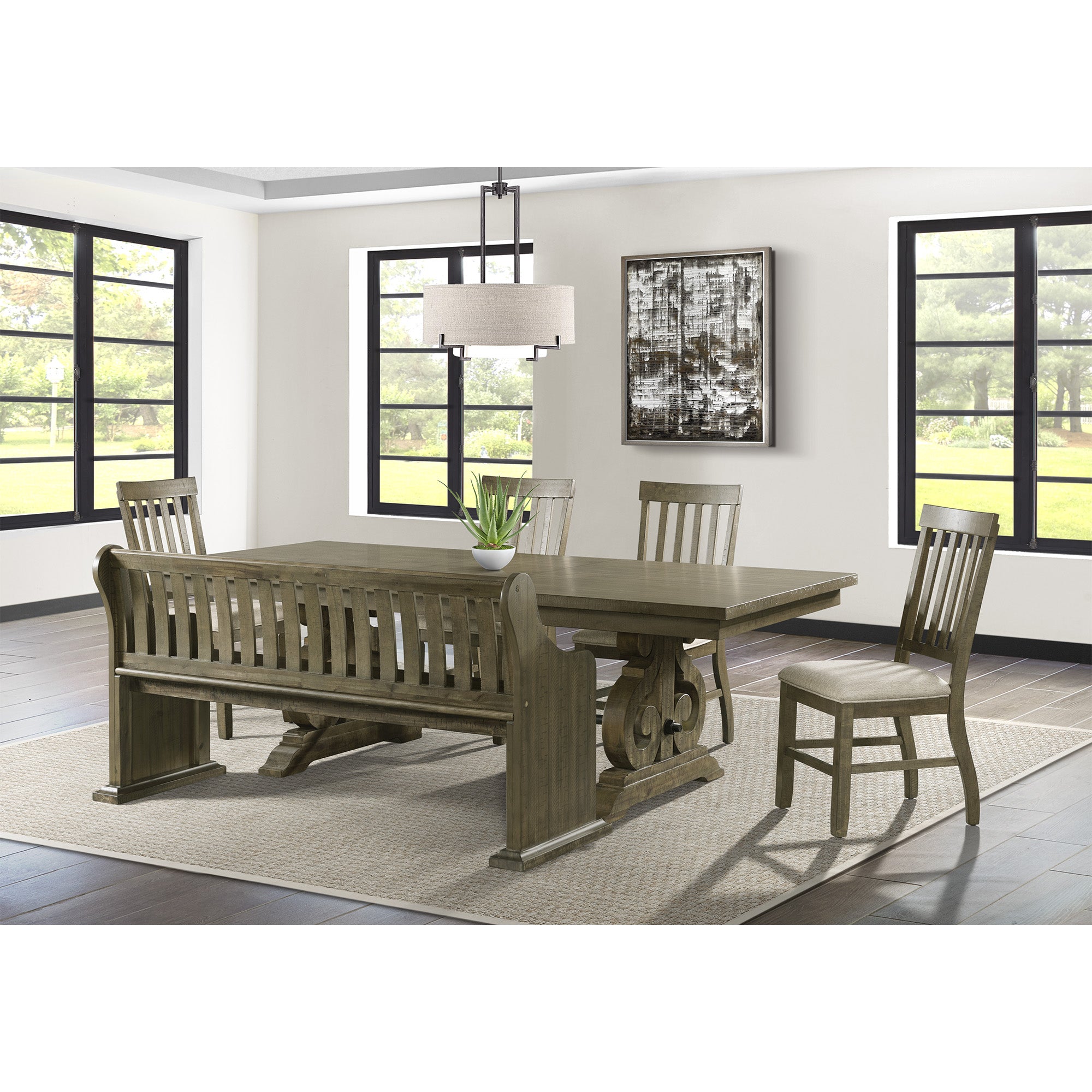 Stone-Standard-Height-Dining-6PC-Set-Table,-4-Side-Chairs-&-Pew-Bench