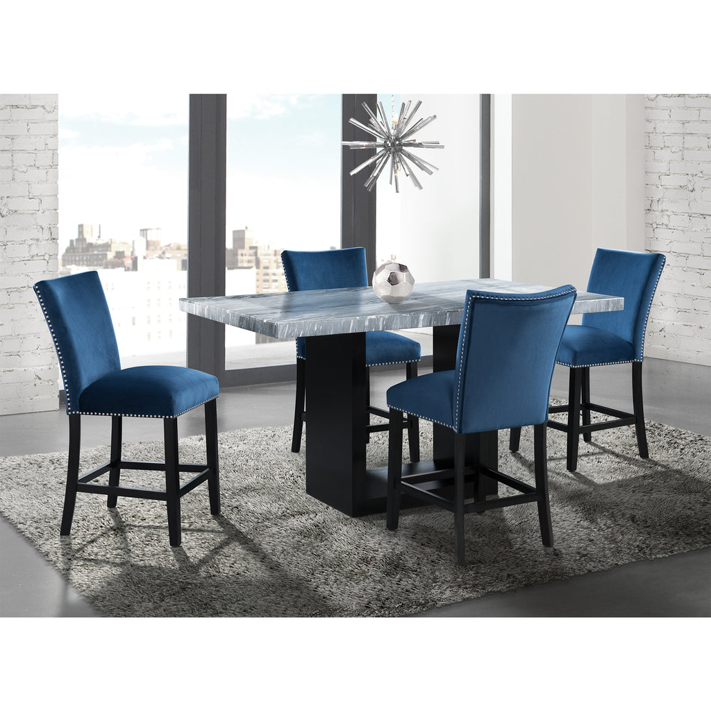 Valentino-White-5PC-Counter-Height-Dining-Set-Table-&-Four-Blue-Chairs