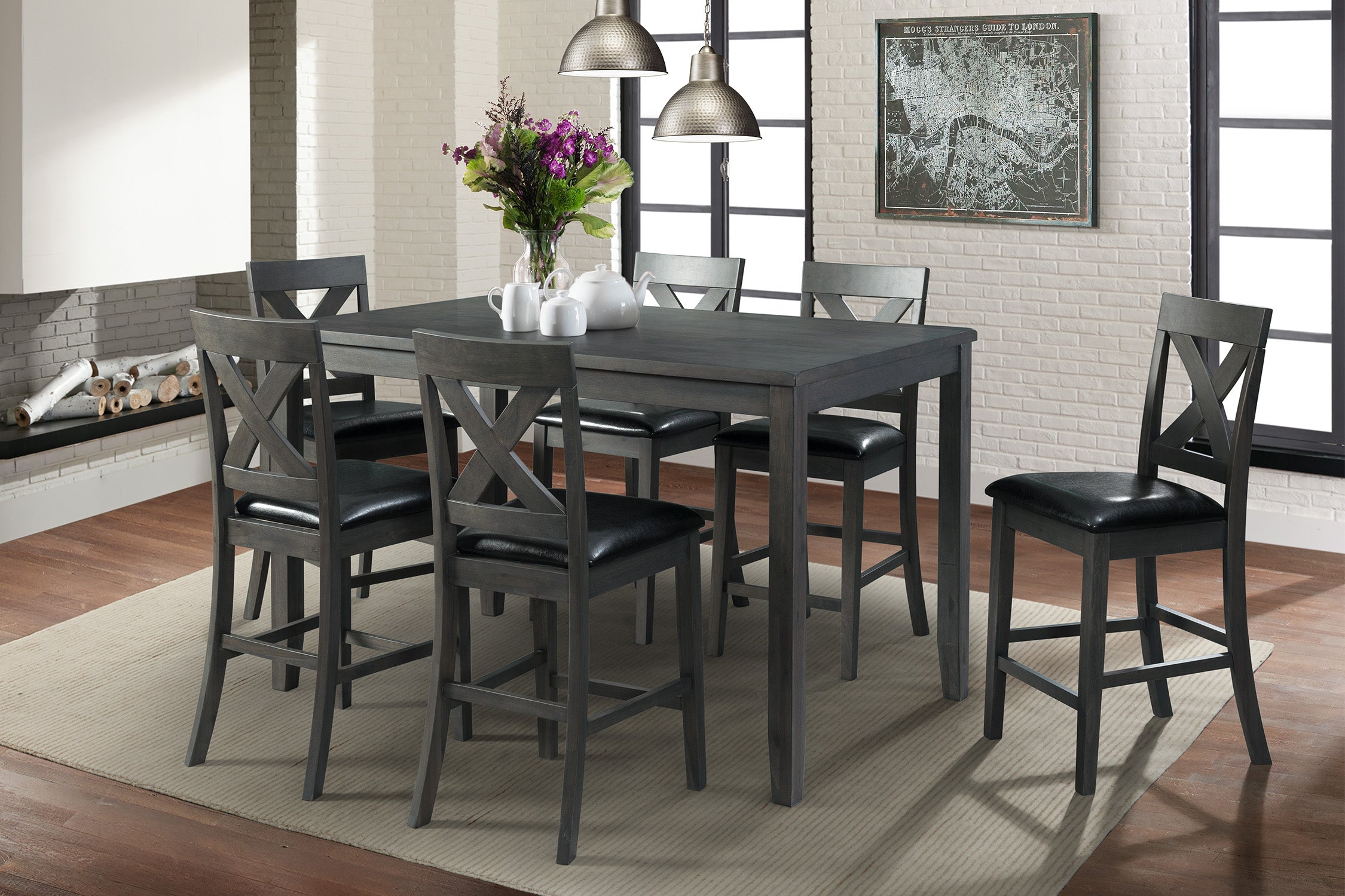 Alex-Grey-60""-7-PC-Counter-Set-(Grey-Table-with-Black-PU-Seat)