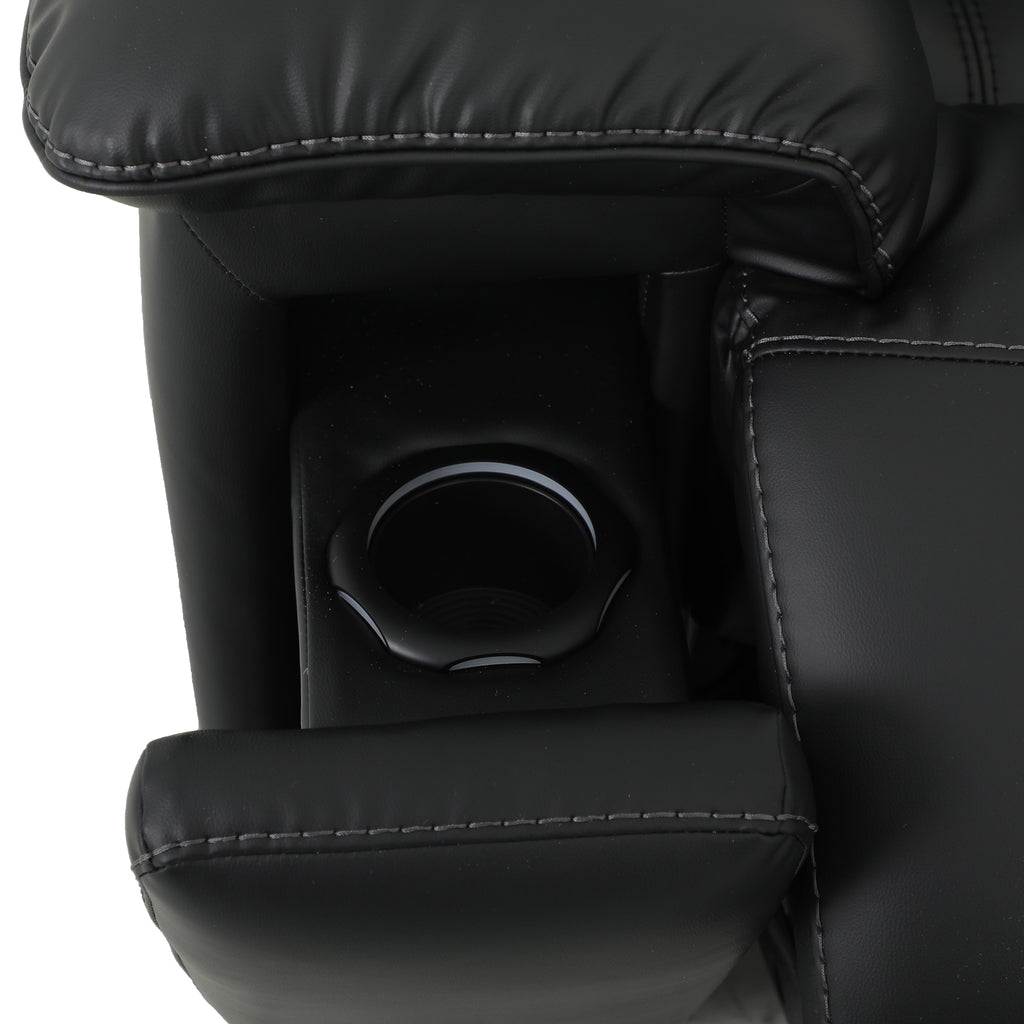 Black leather recliner with cup holder on a white background