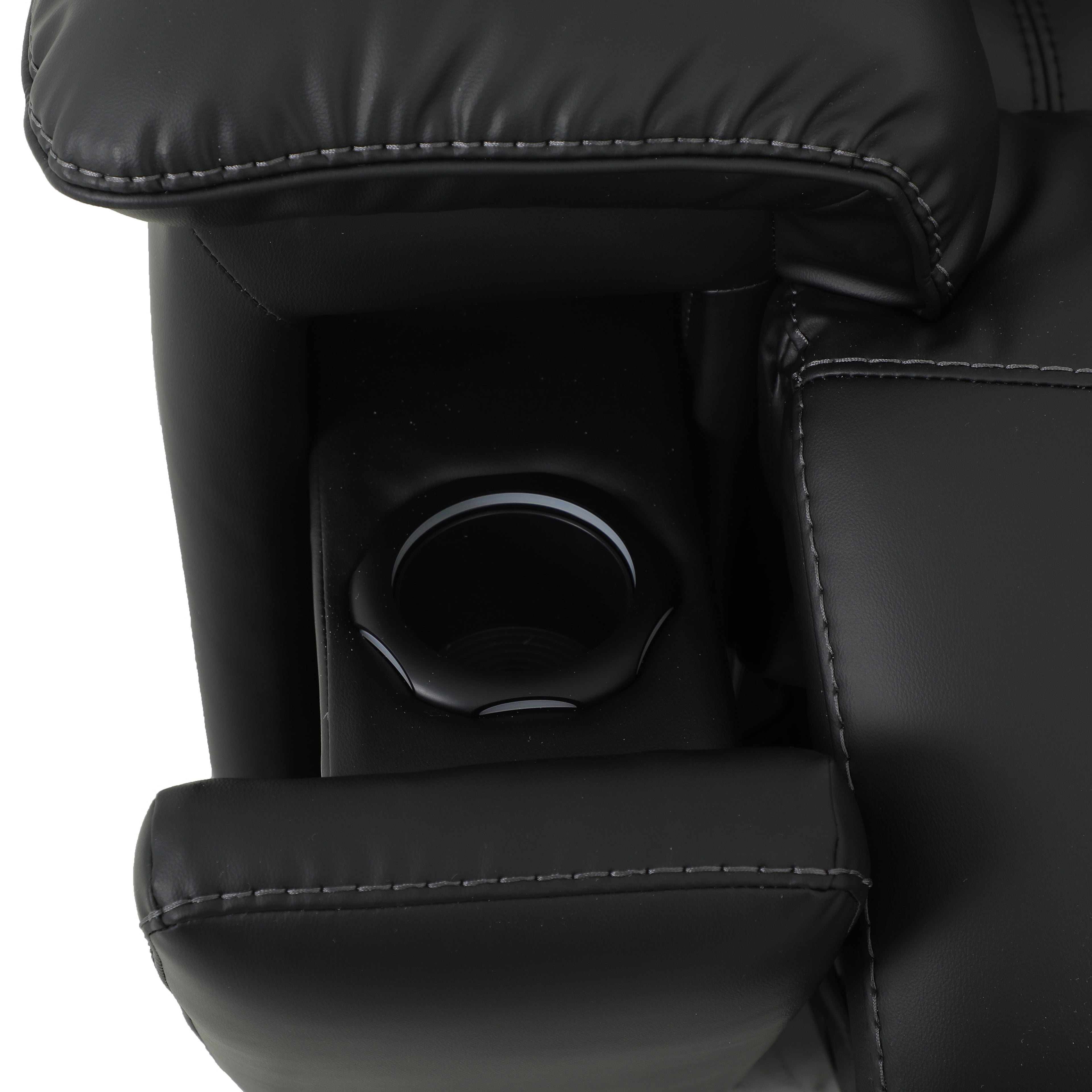 Black leather recliner with cup holder on a white background